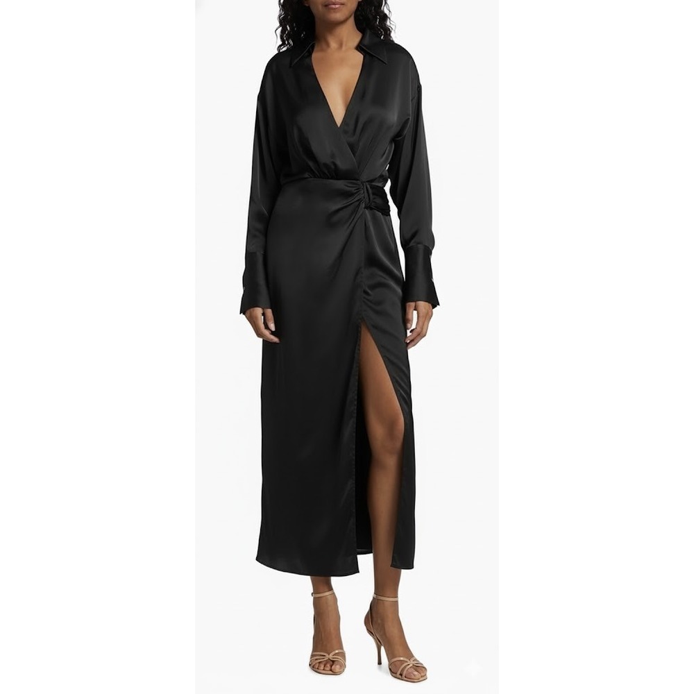 NWT Ramy Brook Aurora Draped Satin Shirtdress in Black‎ Sz 0 $545
